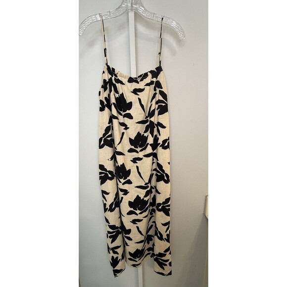 A New Day Linen Blend Midi Slip Dress Beige Black Floral Print Spaghetti Strap L - Picture 1 of 6